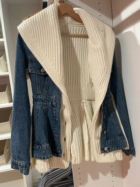 Designer-Inspired Rib Knit Denim Jacket Shawl Collar Statement Jacket